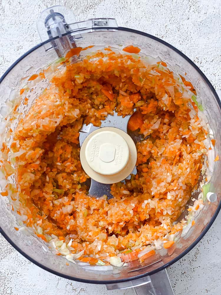 chopped veggies in a food processor.