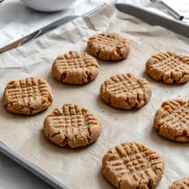 completed Vegan Peanut Butter Cookies on baking sheet