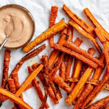 completed Carrot Fries scattered on a white surface