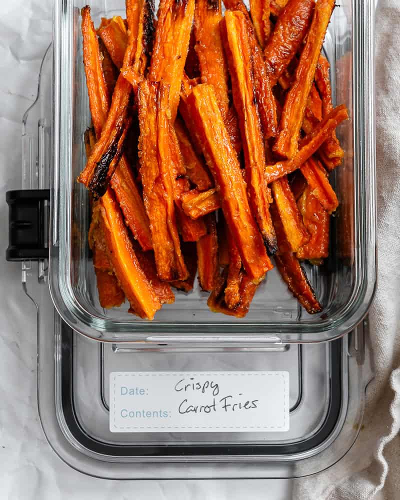 completed Carrot Fries in a storage container