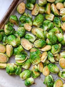 process shot showing brussels sprouts in baking tray