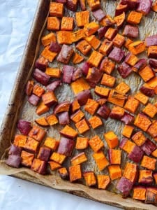 process shot showing post baked sweet potatoes in tray