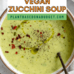 pinterest image of zucchini soup in a white bowl.