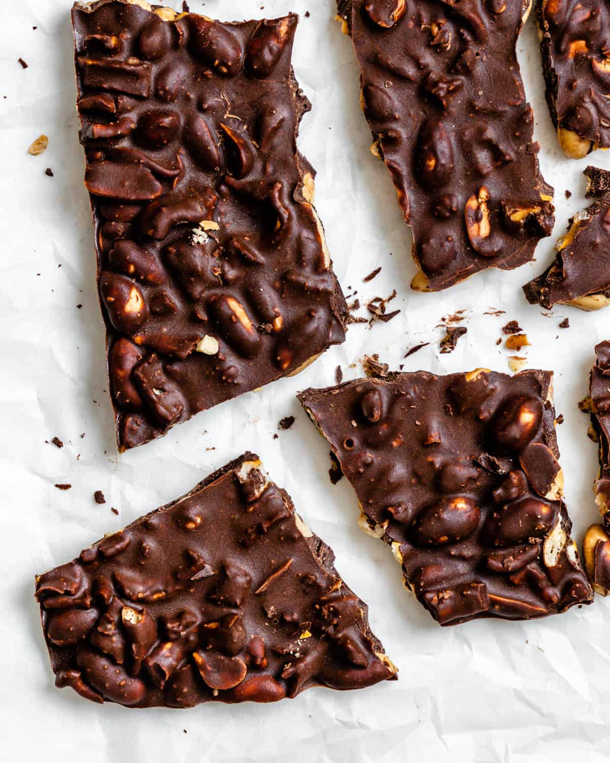 completed Peanut Butter Chocolate Bark on a white surface