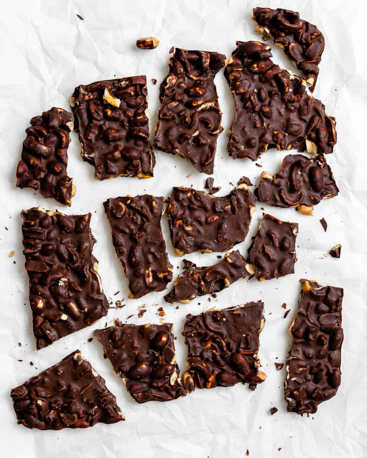 completed Peanut Butter Chocolate Bark on a white surface