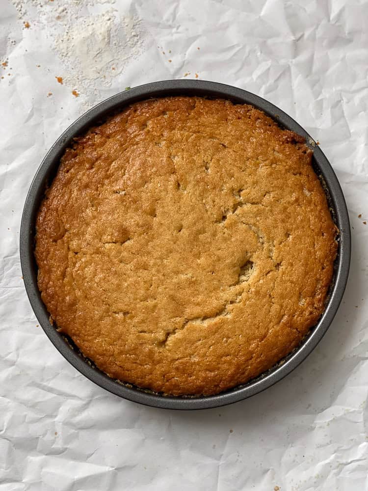 post baked Apricot Upside Down Cake in cake pan