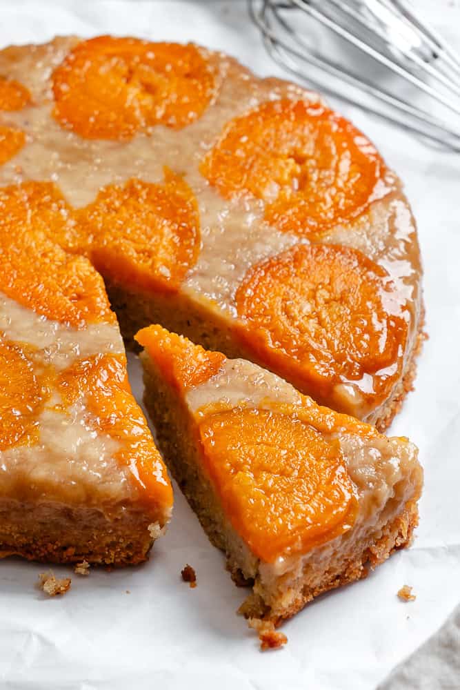 completed Apricot Upside Down Cake on a white surface