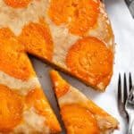completed Apricot Upside Down Cake on a white surface