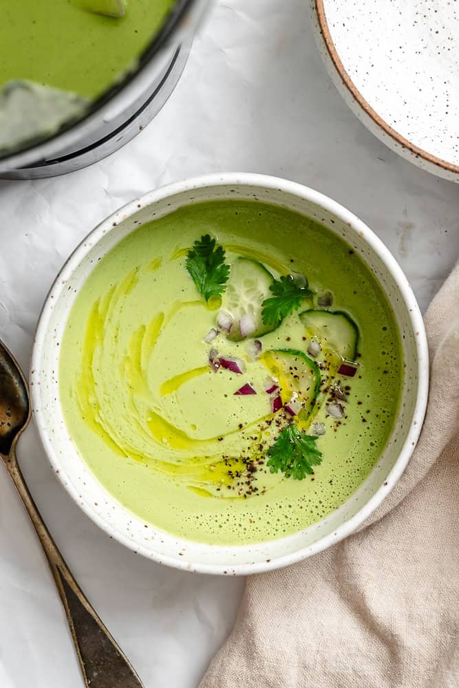 completed Cucumber Gazpacho [Cold Cucumber Soup] in a bowl