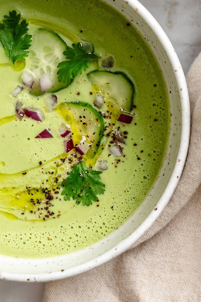completed Cucumber Gazpacho [Cold Cucumber Soup] in a bowl