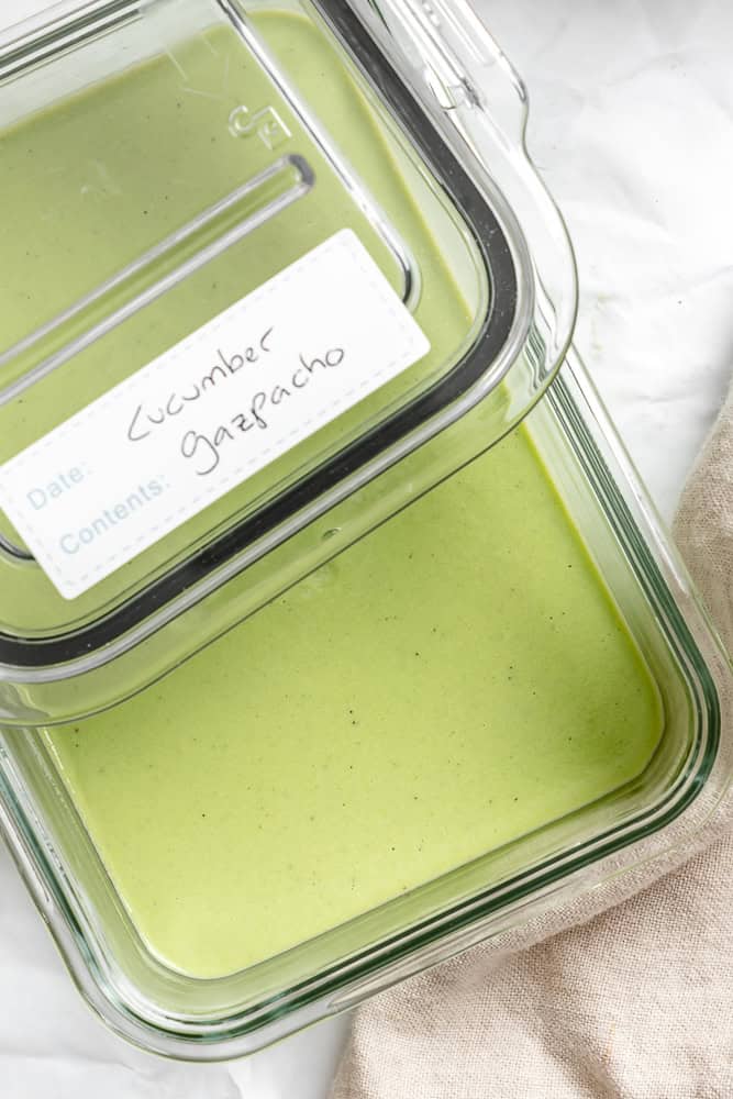 completed Cucumber Gazpacho [Cold Cucumber Soup] in a storage container