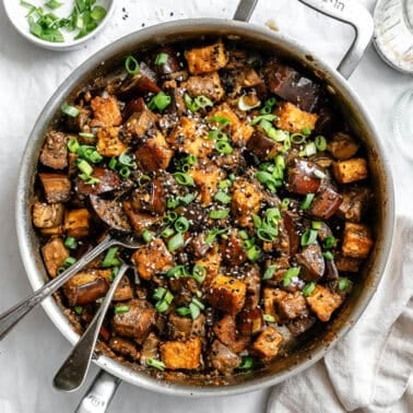 completed Sticky Eggplant and Tofu [Bake + Stir-Fry] on a plate