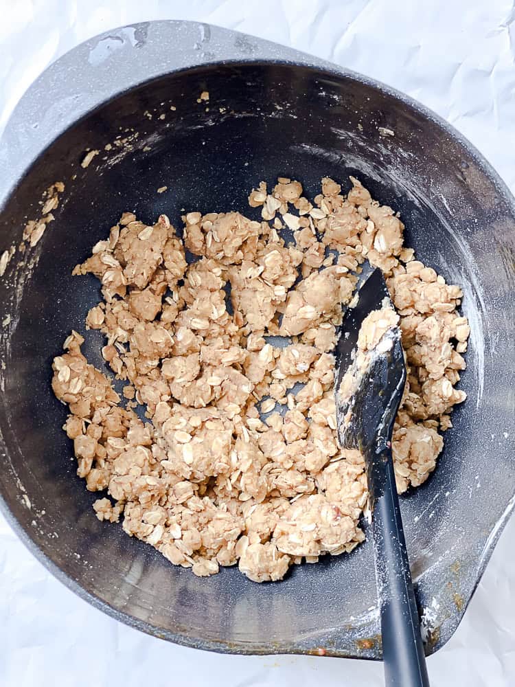process shot showing making crisp topping