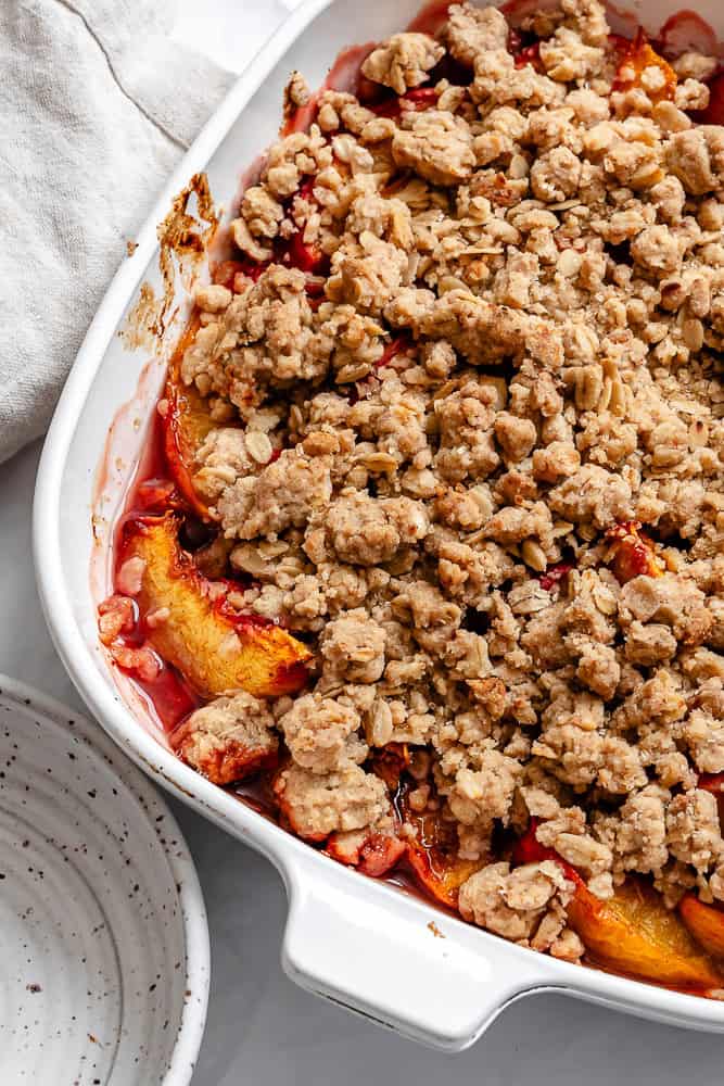 completed Easy Nectarine Crisp in baking dish