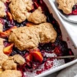 completed Peach and Blueberry Cobbler in baking dish