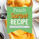 pinterest image of peach sorbet in a white bowl and in a glass container.