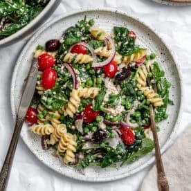 Spinach Pasta Salad on a white plate.