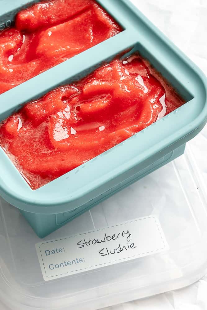 completed Easy Strawberry Slushie Recipe in storage compartment