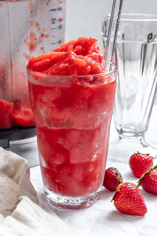 Completed Easy Strawberry Slushie Recipe in glass.