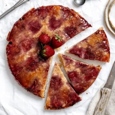 completed Strawberry Upside Down Cake sliced into three pieces