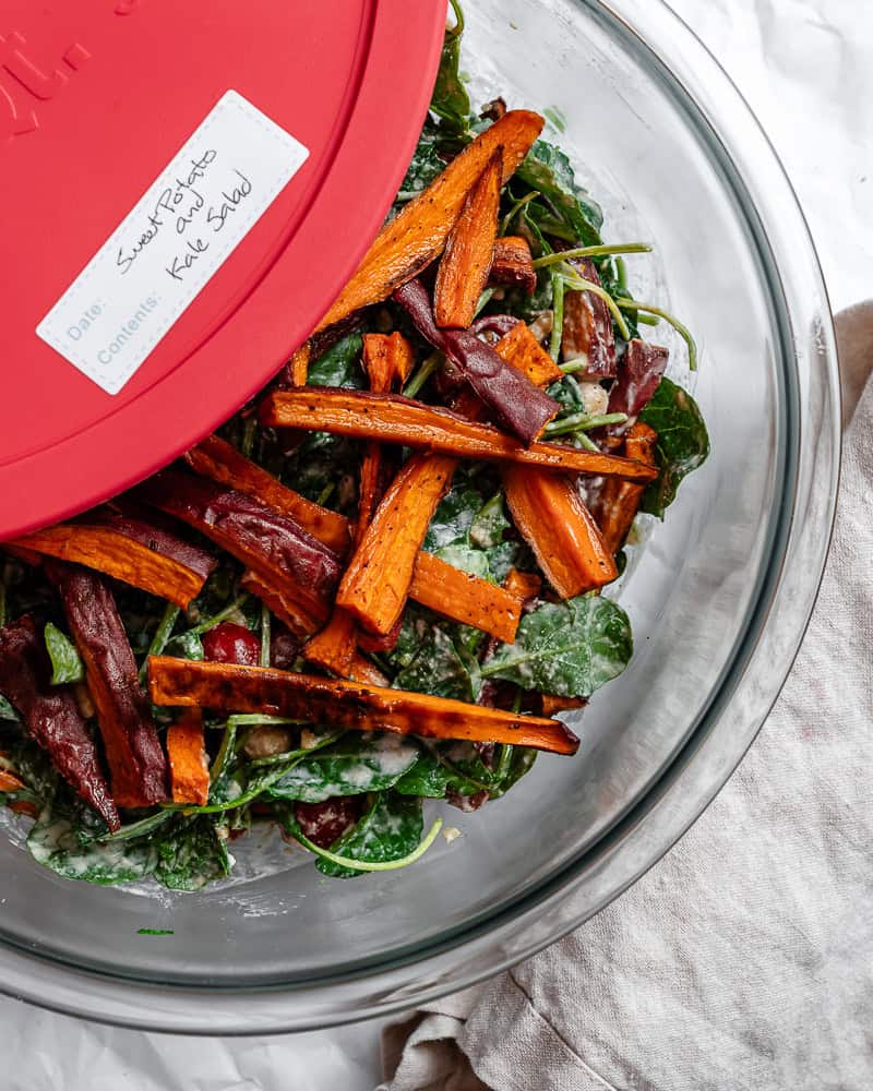 completed Sweet Potato and Kale Salad in storage container