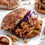 completed 20-Minute BBQ Jackfruit Sandwiches on a white surface