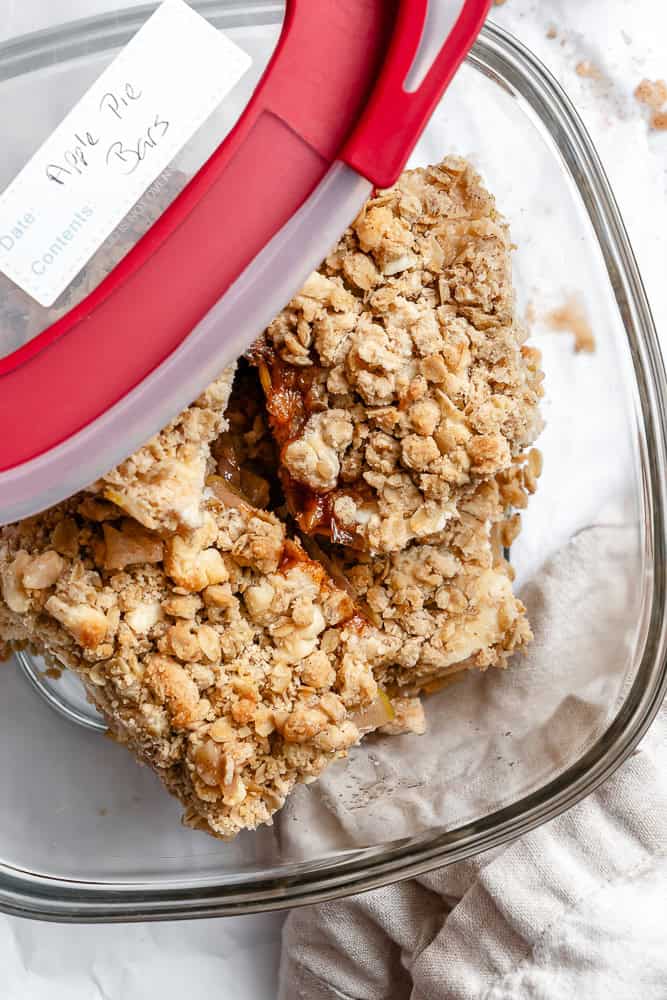 completed Easy Apple Pie Bars in a storage container