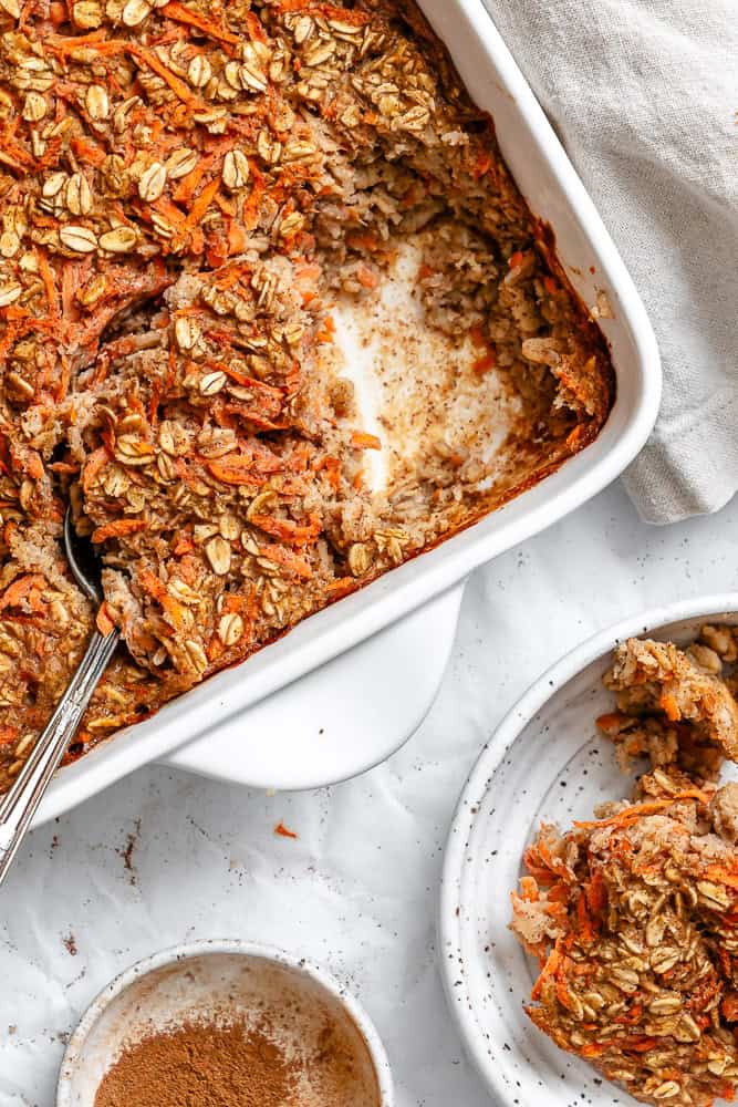 completed Carrot Cake Baked Oats in baking dish