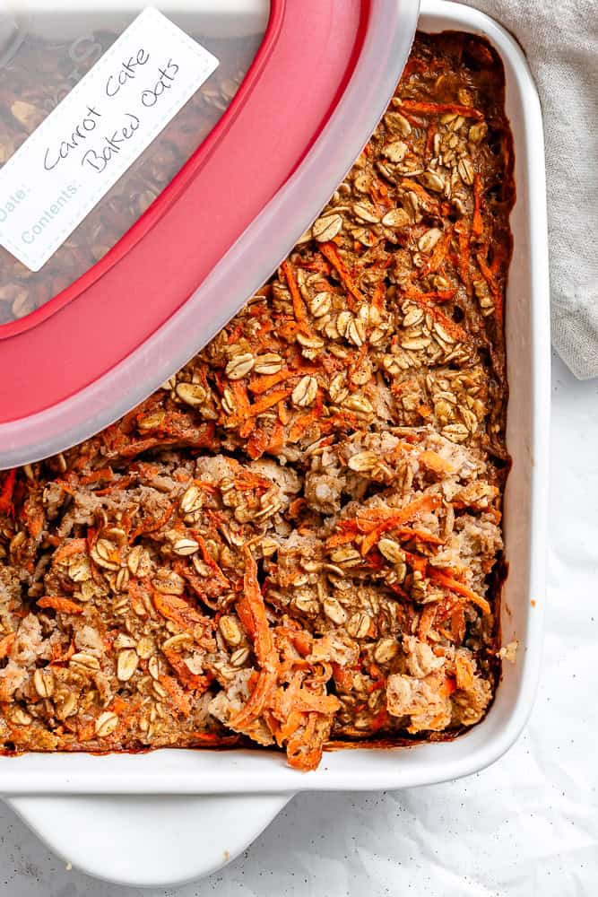 completed Carrot Cake Baked Oats in a storage container