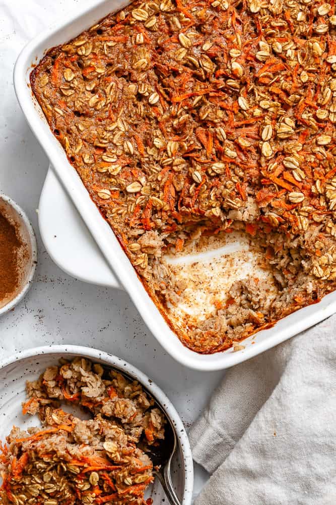 completed Carrot Cake Baked Oats in baking dish