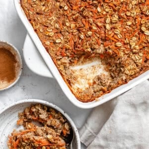 completed Carrot Cake Baked Oats in baking dish