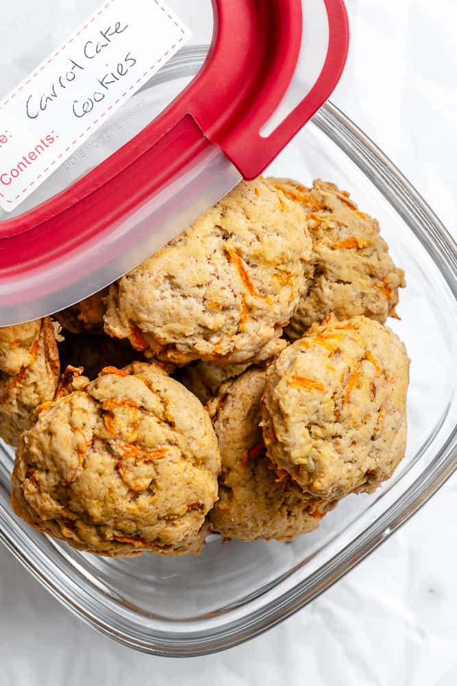 completed Carrot Cake Cookies (Vegan) in storage container