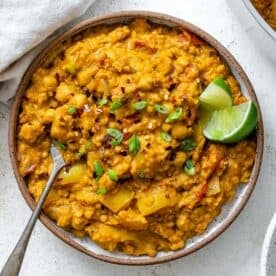 completed Easy Chickpea Lentil Curry on a white surface