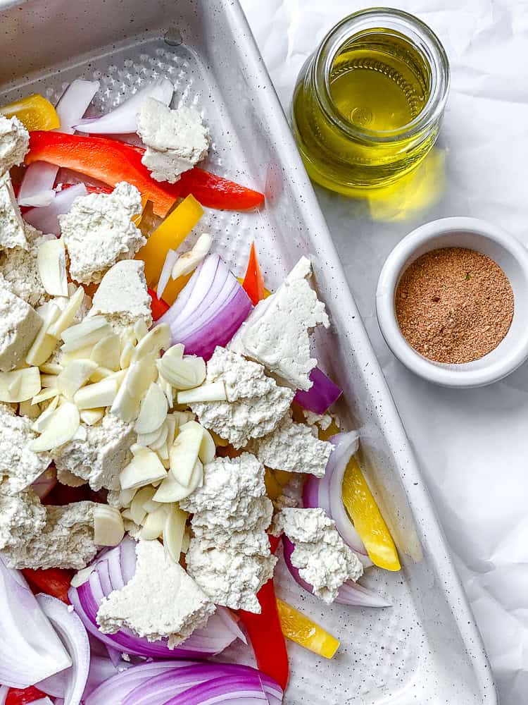 process shot showing veggies and tofu in platter