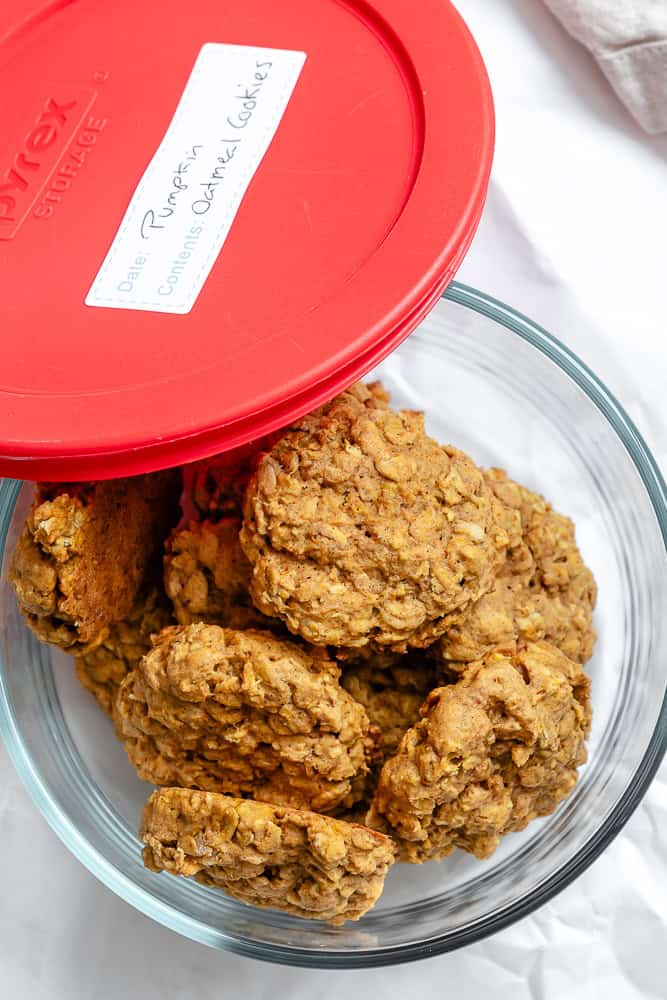 completed Pumpkin Oatmeal Cookies in storage container