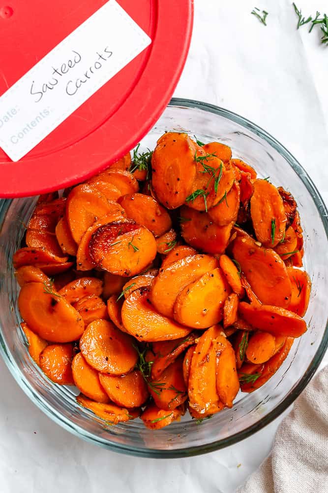 completed Simple Sautéed Carrots in a storage container