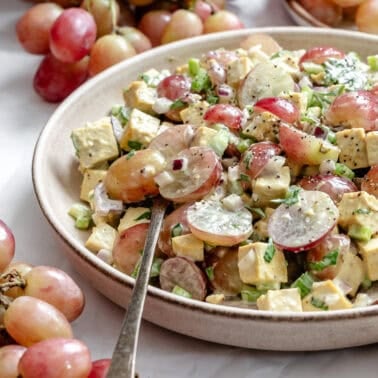 completed Vegan Chicken and California Grape Salad on a plate