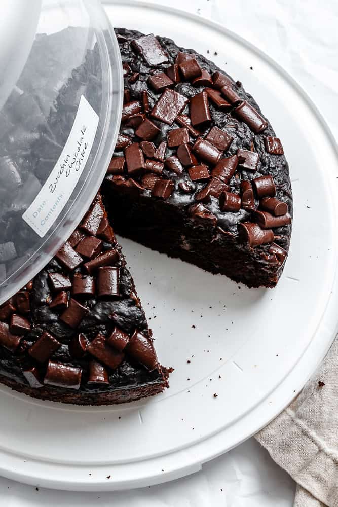 completed Chocolate Zucchini Cake in a storage container