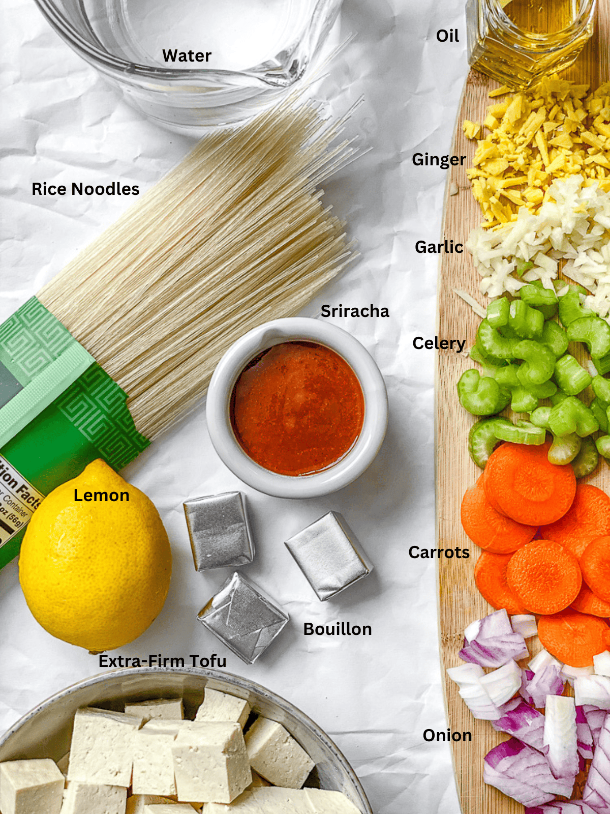 ingredients for Garlic Ginger Soup [With Noodles] measured out on a white surface