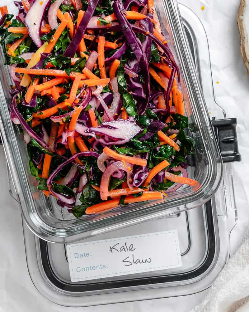 completed Crunchy Kale Slaw in a storage container