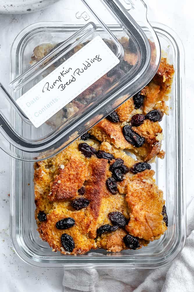 completed Pumpkin Bread Pudding in a storage dish