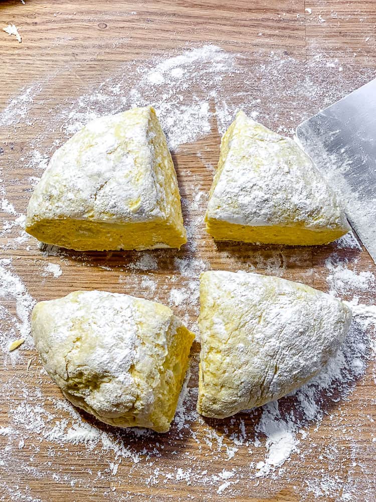 process shot showing sliced dough on working surface