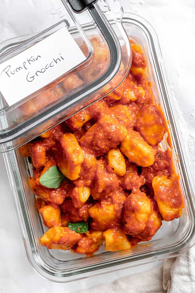 completed Pumpkin Gnocchi [4 Ingredient] in a storage container