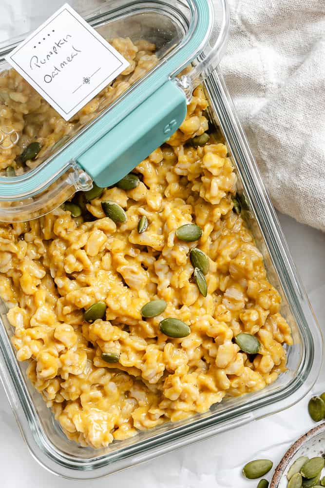 completed Easy Pumpkin Oatmeal in a storage container