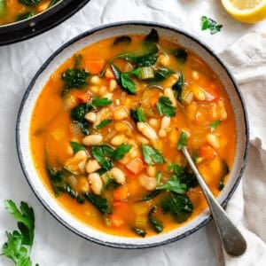 completed Tuscan White Bean Soup [With Kale] in a pot