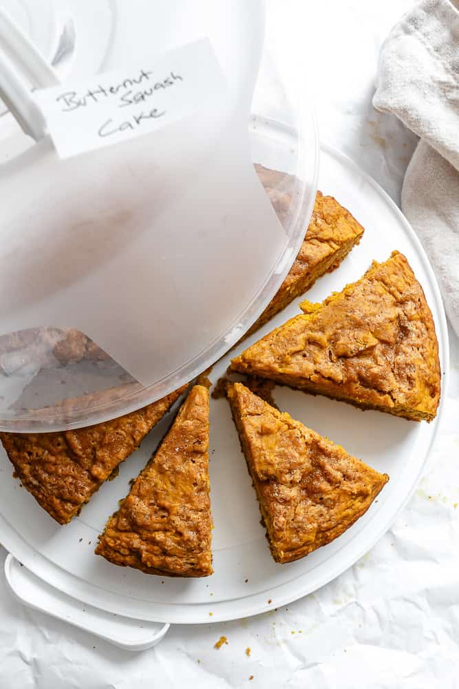 completed Butternut Squash Cake in a storage container