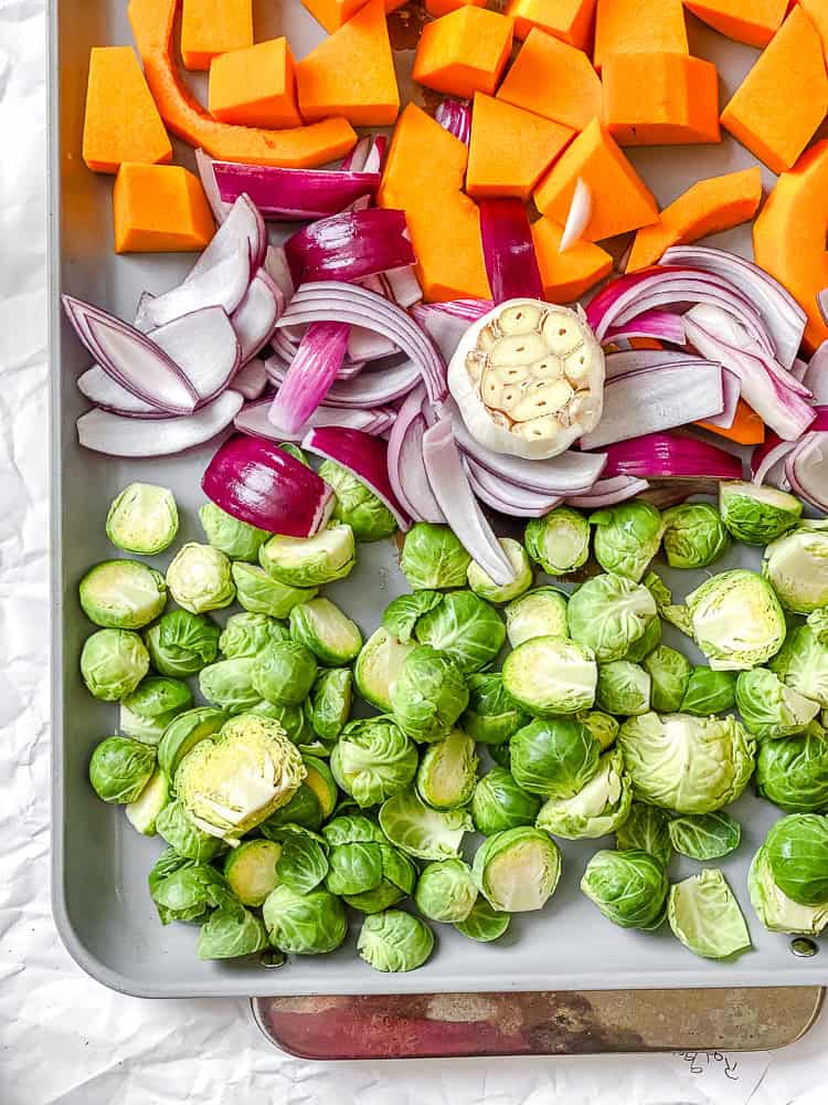 process shot showing veggies on baking tray