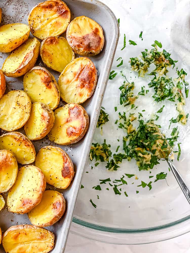 process shot showing potatoes being added to bowl