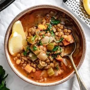 completed Lemon Lentil Soup in bowl