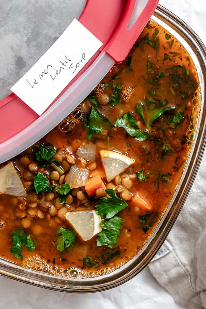 completed Lemon Lentil Soup in storage container